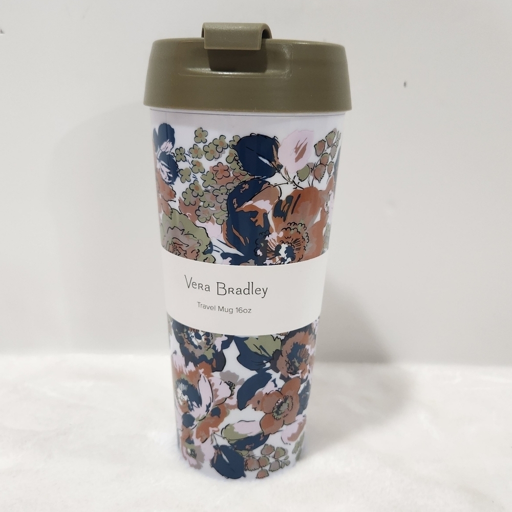 Vera Bradley Petite Exuberant Floral Flower Sage Travel Thermal Mug 16 Oz NWT